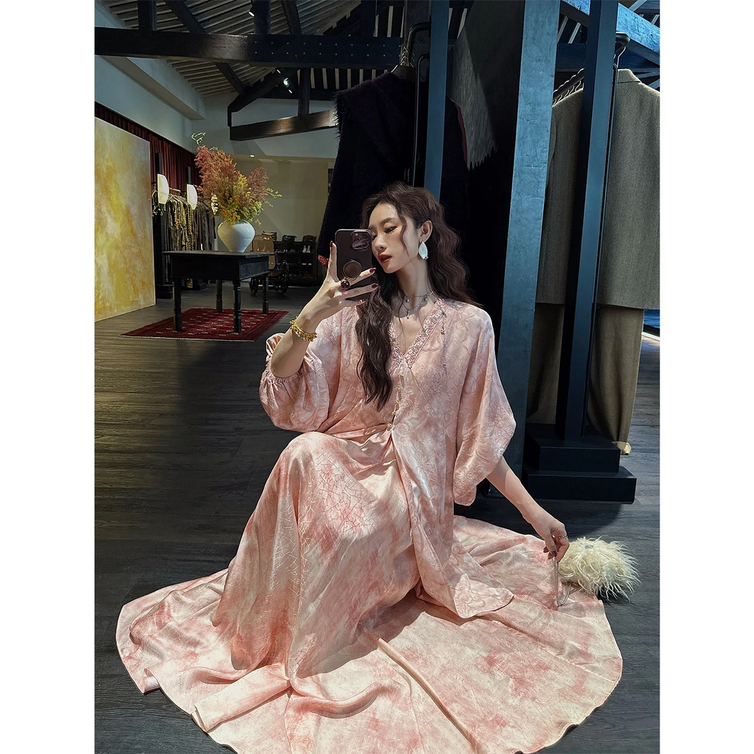 三吉黑花「8/31【万花盏】重缎提花手工植物扎染裙
