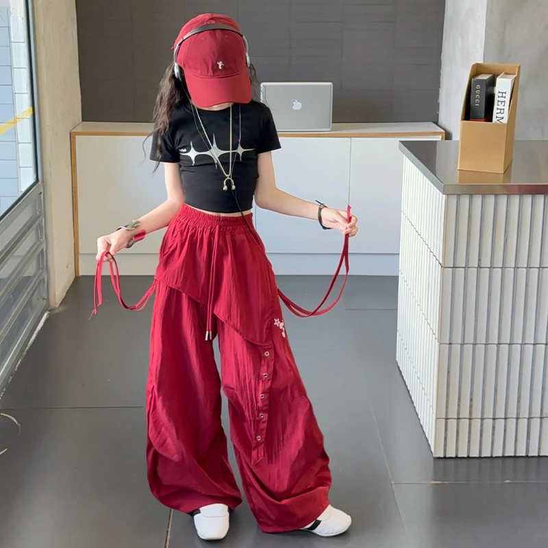 女童夏装套装2025新款洋气中大童嘻哈街舞风短袖速干裙裤两件套薄