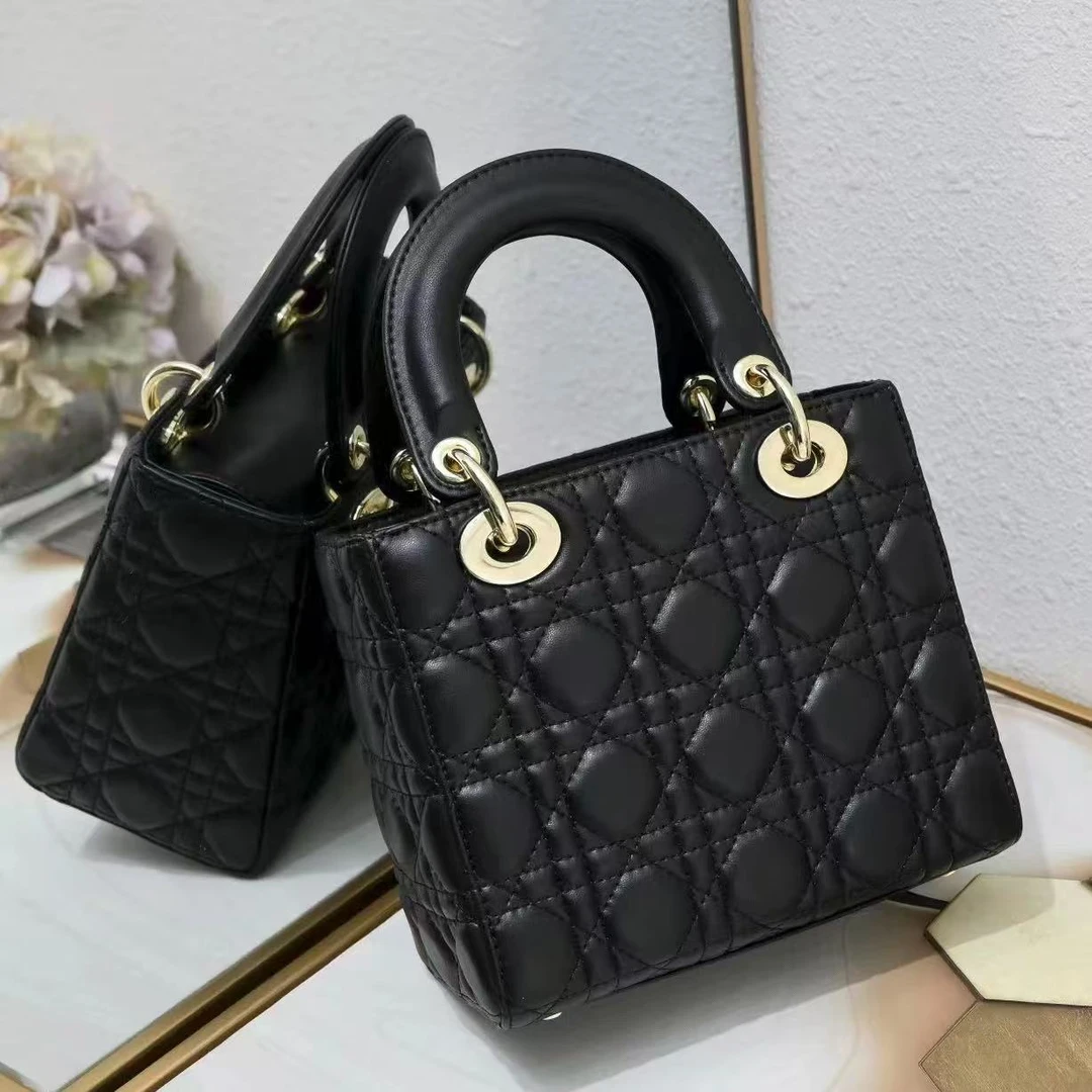 2025年新款戴妃黑色小香风菱格头层牛皮包