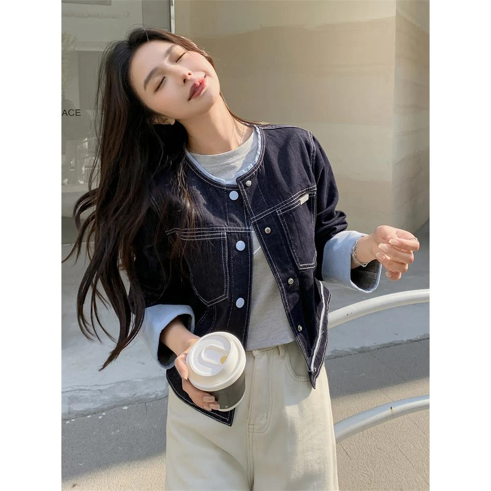 灯芯绒拼接牛仔外套女春秋2025新款小个子流行时髦洋气设计感小众