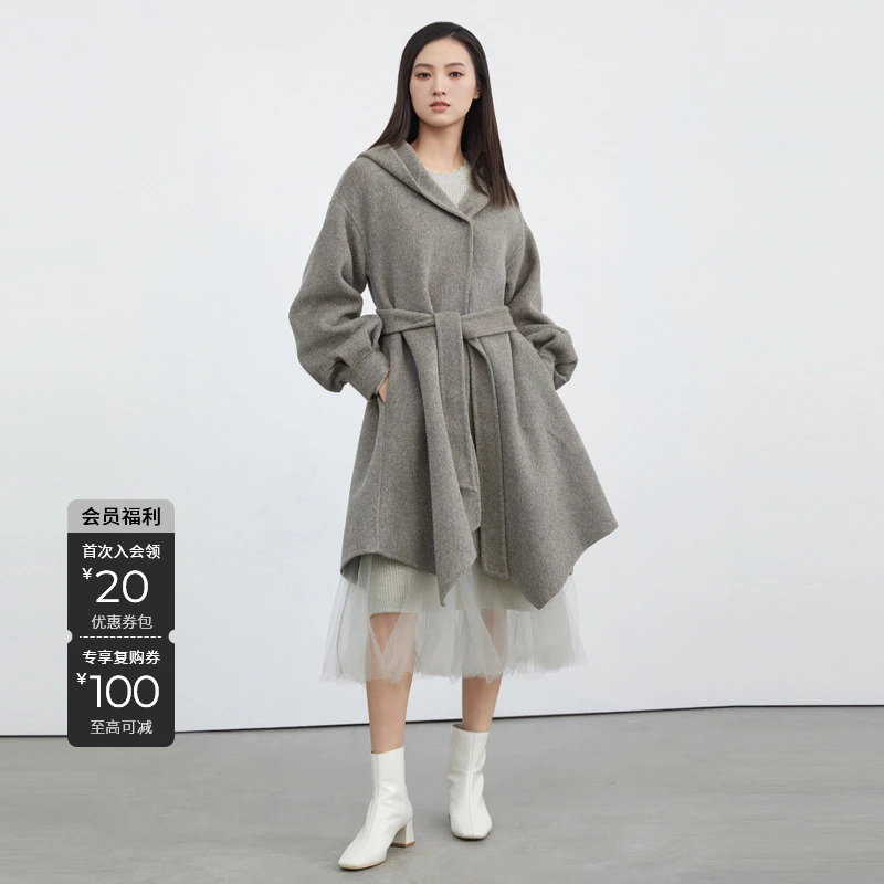 S·DEER圣迪奥女装绵羊毛毛呢外套不规则中长款连帽大衣S224Z2503