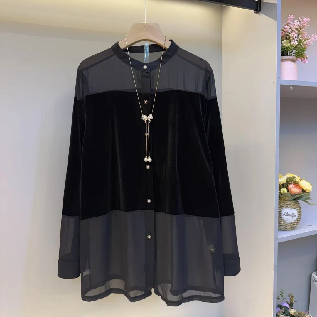 2025欧货早秋新款设计感拼接丝绒气质衬衫