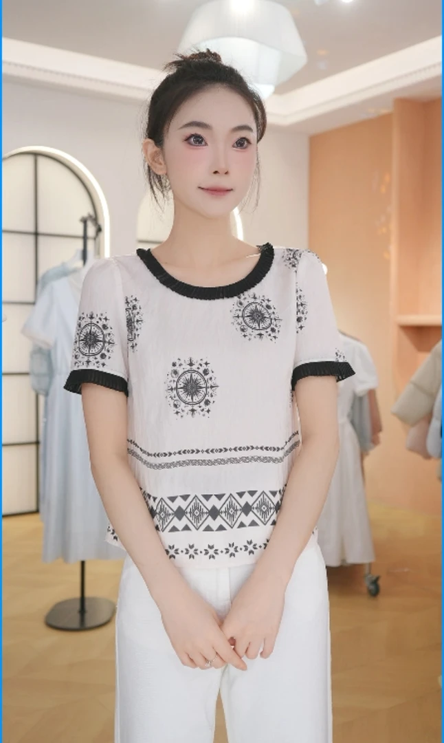 F2980夏季新款女装圆领T恤高级休闲百搭上衣印花设计小衫