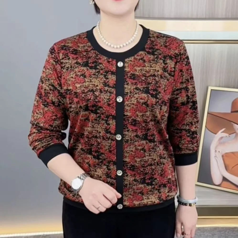 秋季新款时尚圆领碎花中老年气质妈妈装休闲洋气百搭长袖上衣H261