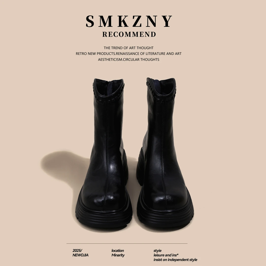 黑色增高厚底马丁靴女秋冬新款百搭切尔西短靴秋季复古粗跟瘦瘦靴