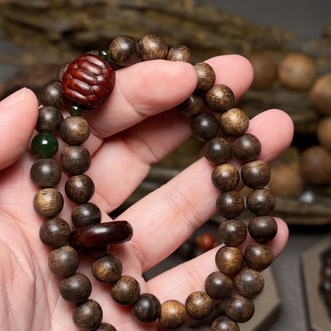 手串沉香越南芽庄绿棋楠瘤疤08➕紫檀木雕设计
