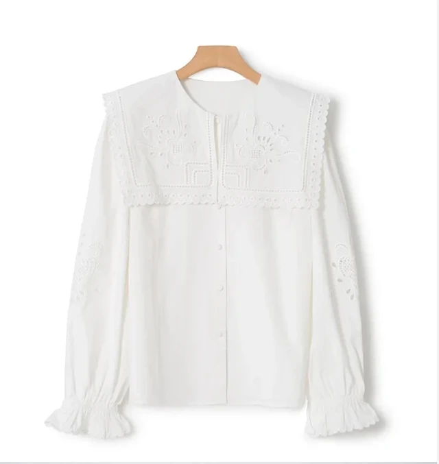 【李美丽专属】刺绣镂空蕾丝方领花边袖衬衫CS22260