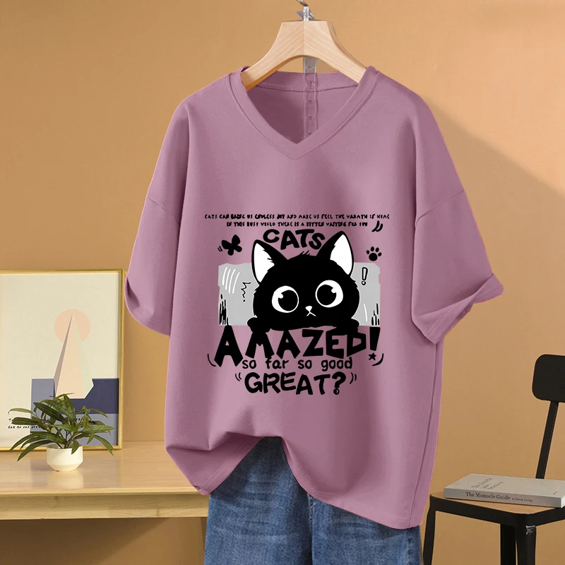 纯棉短袖t恤女夏季美式复古宽松oversize大码遮肚藏肉V领上衣体恤