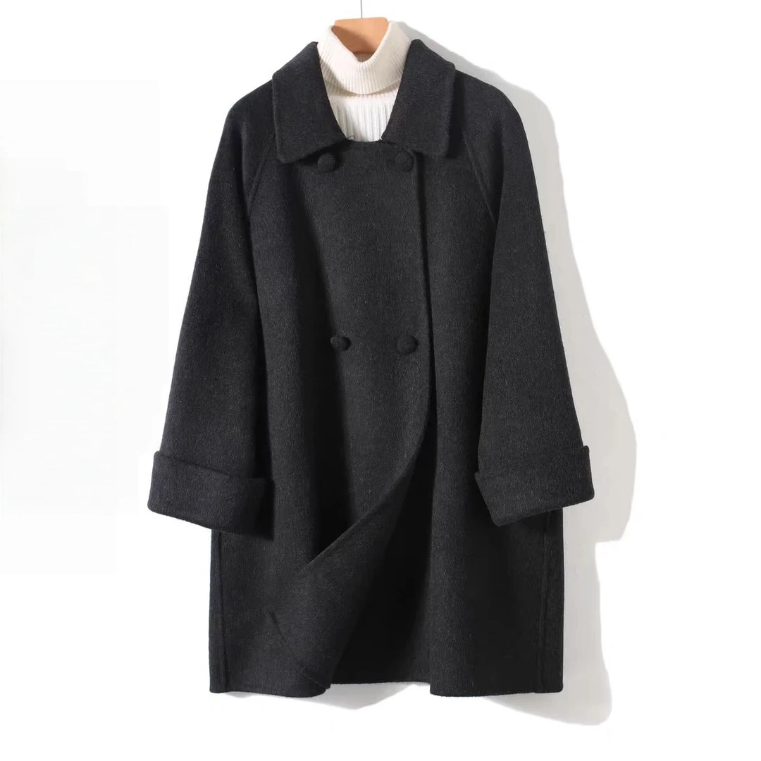 韩版中长款双面羊毛大衣短款小个子2025年新款宽松毛呢外套双面呢