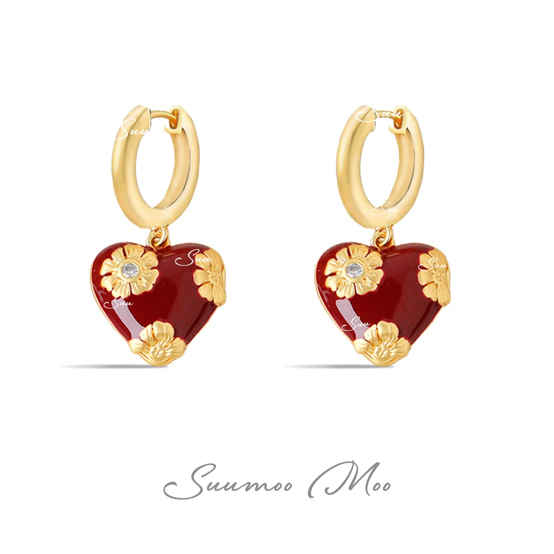 铜合金合成锆石耳饰 复古圣诞金红色耳环精致双色气质法式耳扣