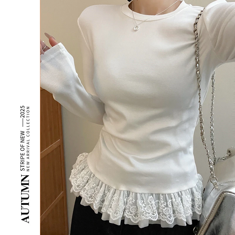 白色蕾丝花边边圆领长袖针织t恤女2025新款春游出行衣服修身上衣