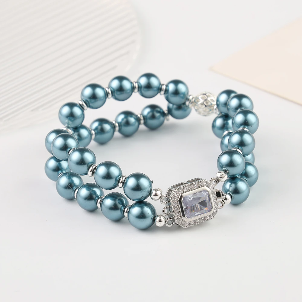 铜合金仿珍珠手链 蓝色仿珍珠银色镂空小灯笼时尚百搭编织手链