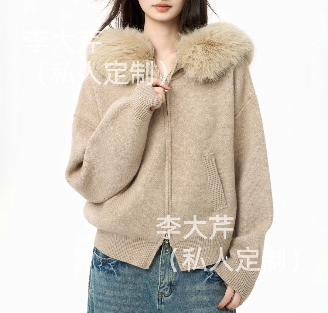 毛领针织连帽毛衣外套  秋冬可拆卸毛领时尚韩系宽松显瘦软糯拉链