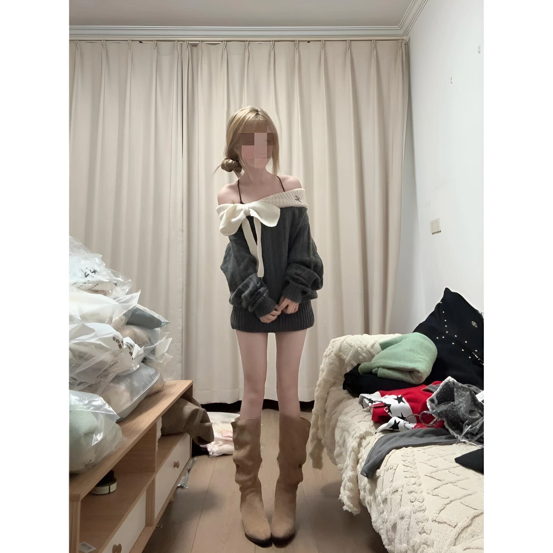 MARIE.COCO韩系小香风一字肩蝴蝶结针织衫巨好看毛衣短裙秋冬套装