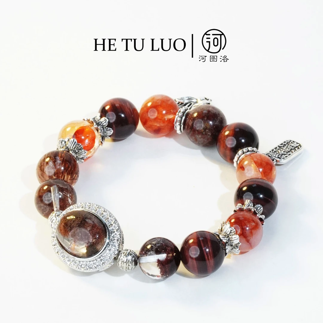 河图洛·「红运当头」红幽灵红胶花红虎眼石黑金超七红色单圈手串