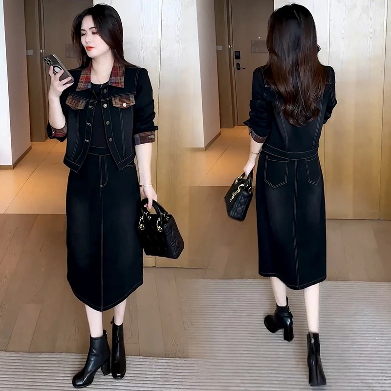 拉夏贝尔牛仔套装裙女2025春秋新款显瘦长袖外套拼接连衣裙两件套