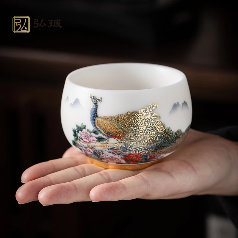 绱宏臻选 羊脂玉花开富贵个人专用杯品茗杯陶瓷茶具茶盏杯