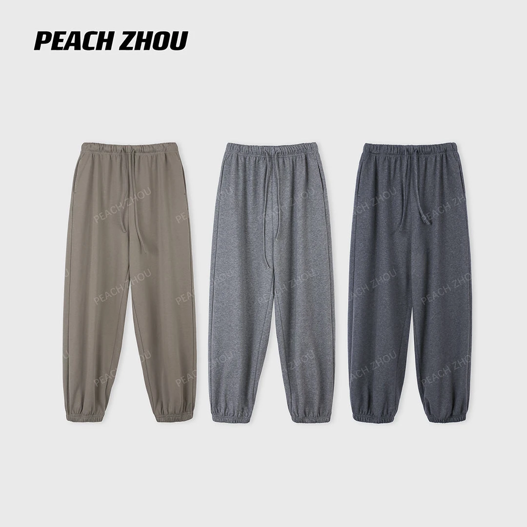 『PEACHZHOU』基础纯色宽松阔腿休闲裤松紧腰运动百搭松弛束脚卫裤