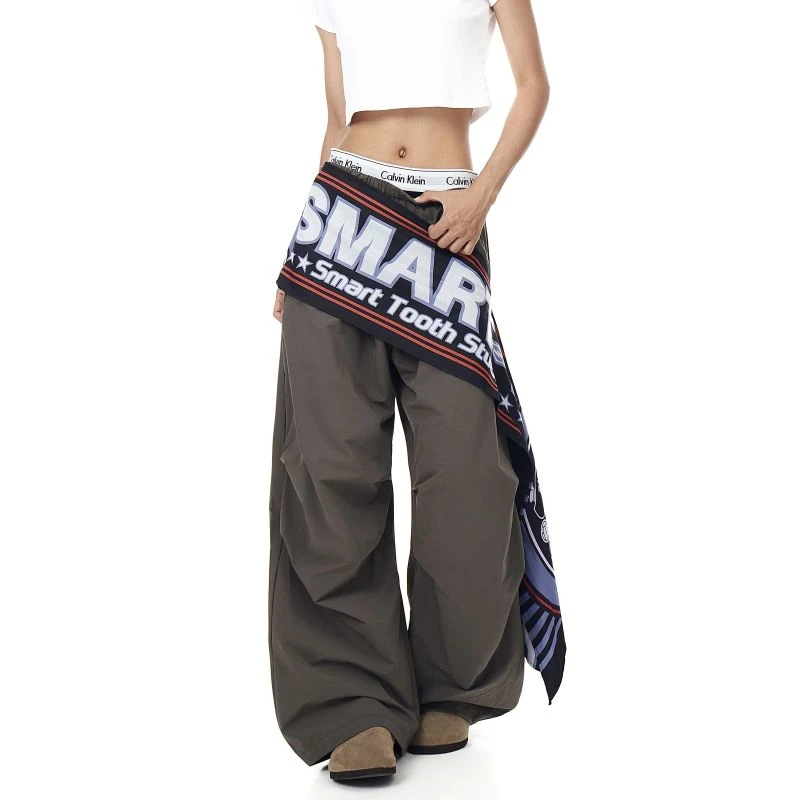 个性街头跳舞美式复古屁帘绑带褶皱伞兵裤男女设计感宽松休闲裤