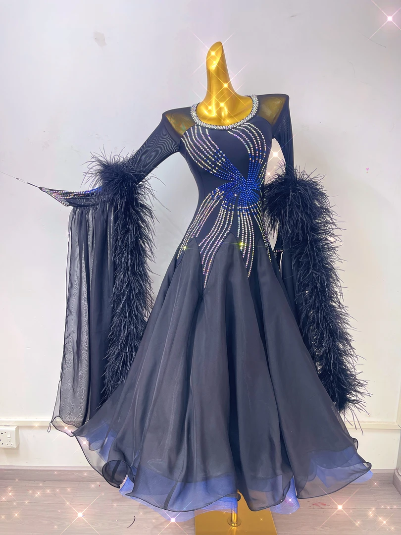 舞依阁高定新款黑色驼鸟毛天丝面料摩登舞国标舞交谊舞华尔兹舞服