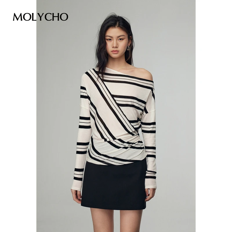 MOLYCHO慵懒风条纹长袖T恤女春季新款内搭打底衫斜肩褶皱收腰上衣