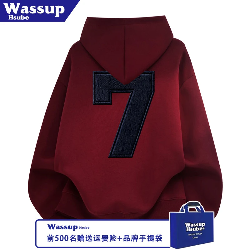 WASSUP HSUBE秋冬潮牌创意感简约印花街头感上衣男女酒红连帽卫衣
