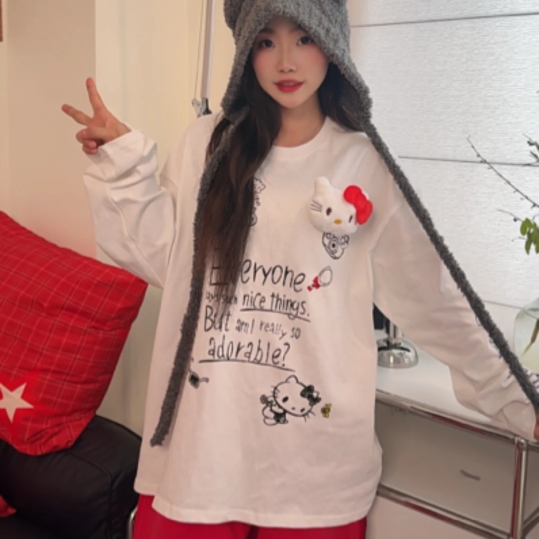 美式复古可爱kitty猫咪长袖t袖女春秋冬打底衫