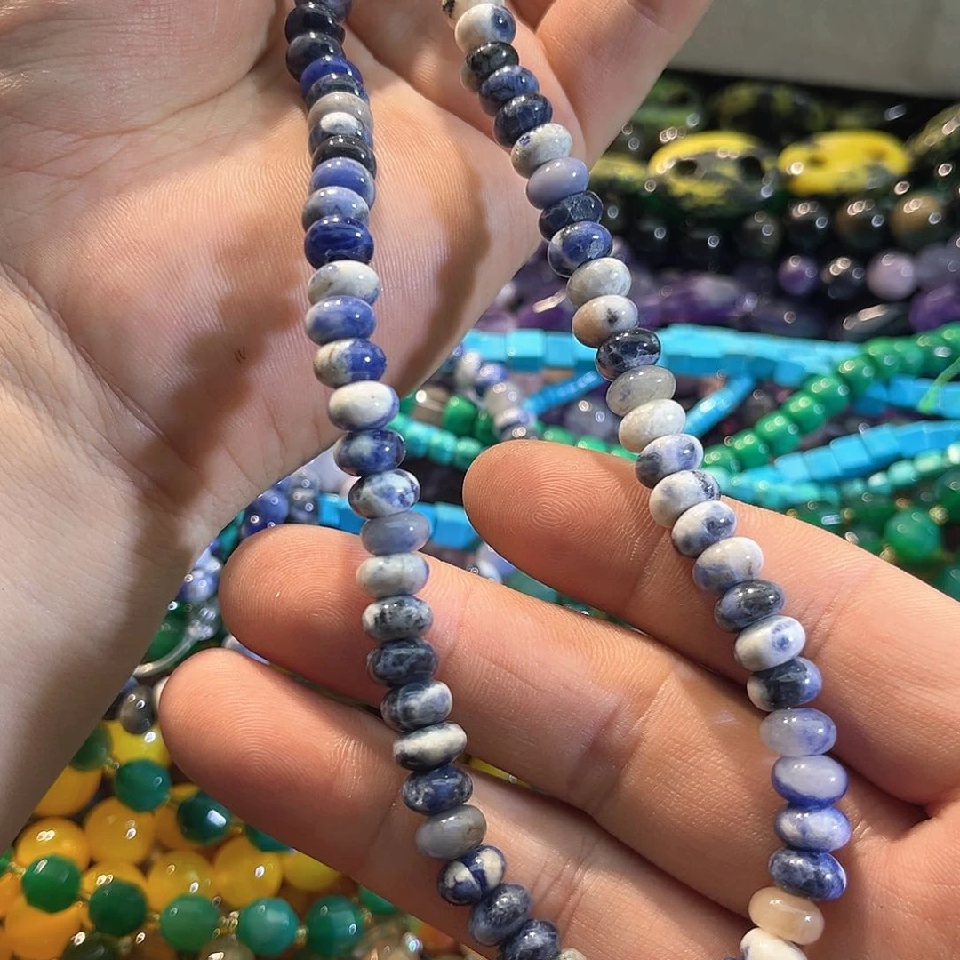 玛瑙/玉髓合金珠宝半成品蓝纹算盘大孔珠一条8mm