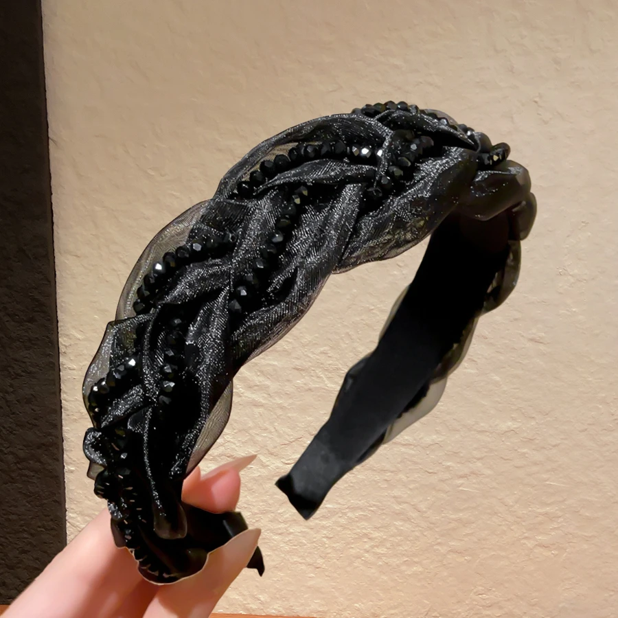 网纱水钻缠绕麻花辫发箍女高颅顶新款头箍气质黑色轻奢发卡FG032