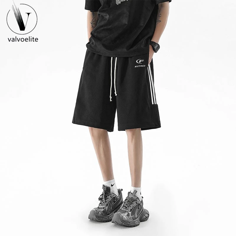 VALVOELITE潮牌短裤男夏季宽松运动直筒五分裤刺绣条纹休闲裤子