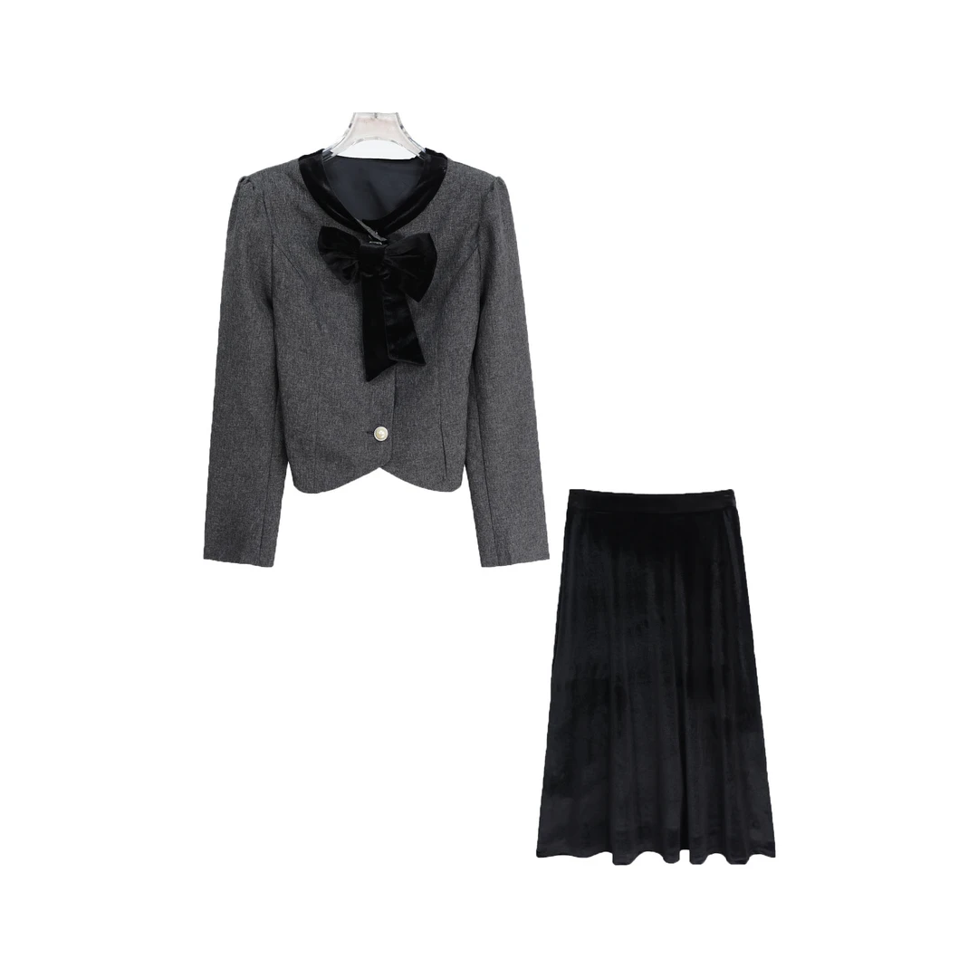 S名媛风拼接蝴蝶结短上衣垂感半身裙套装S4991