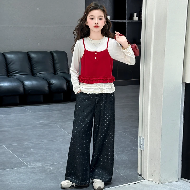 女童时髦春季装2025款.儿童花边T恤叠穿吊带韩系打底衫阔腿牛仔裤