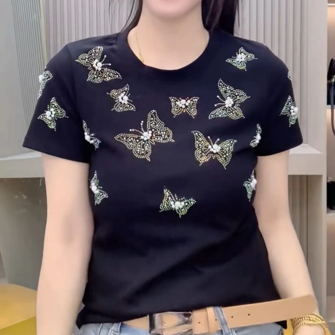 2025时尚百搭蝴蝶小衫夏季新款打底衫女精致潮流百搭休闲半袖