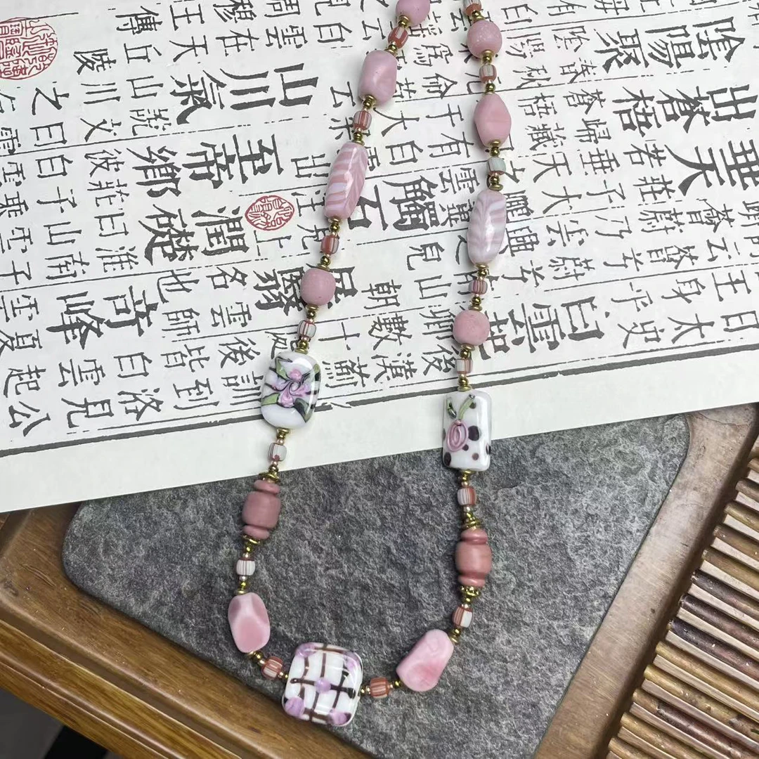 合金项链 LZ6984粉色小花牛奶配色粉色磨砂手捏琉璃项链 盒