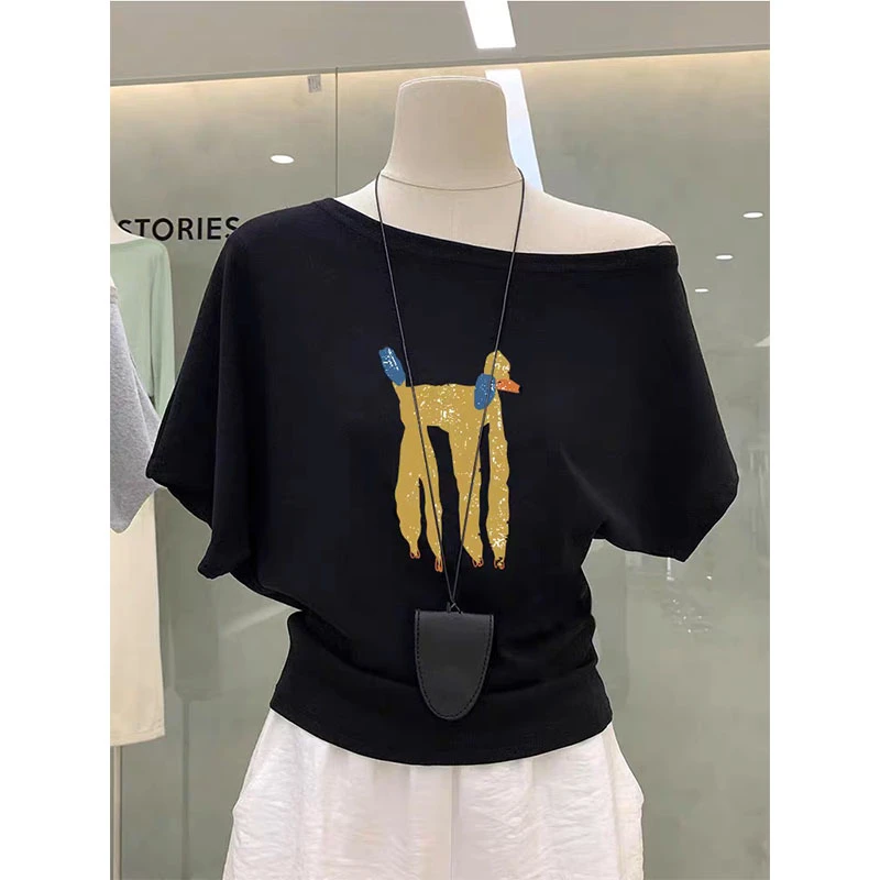 夏季潮货新款斜肩黑色显瘦女装t恤短袖韩版时尚休闲洋气露锁骨显