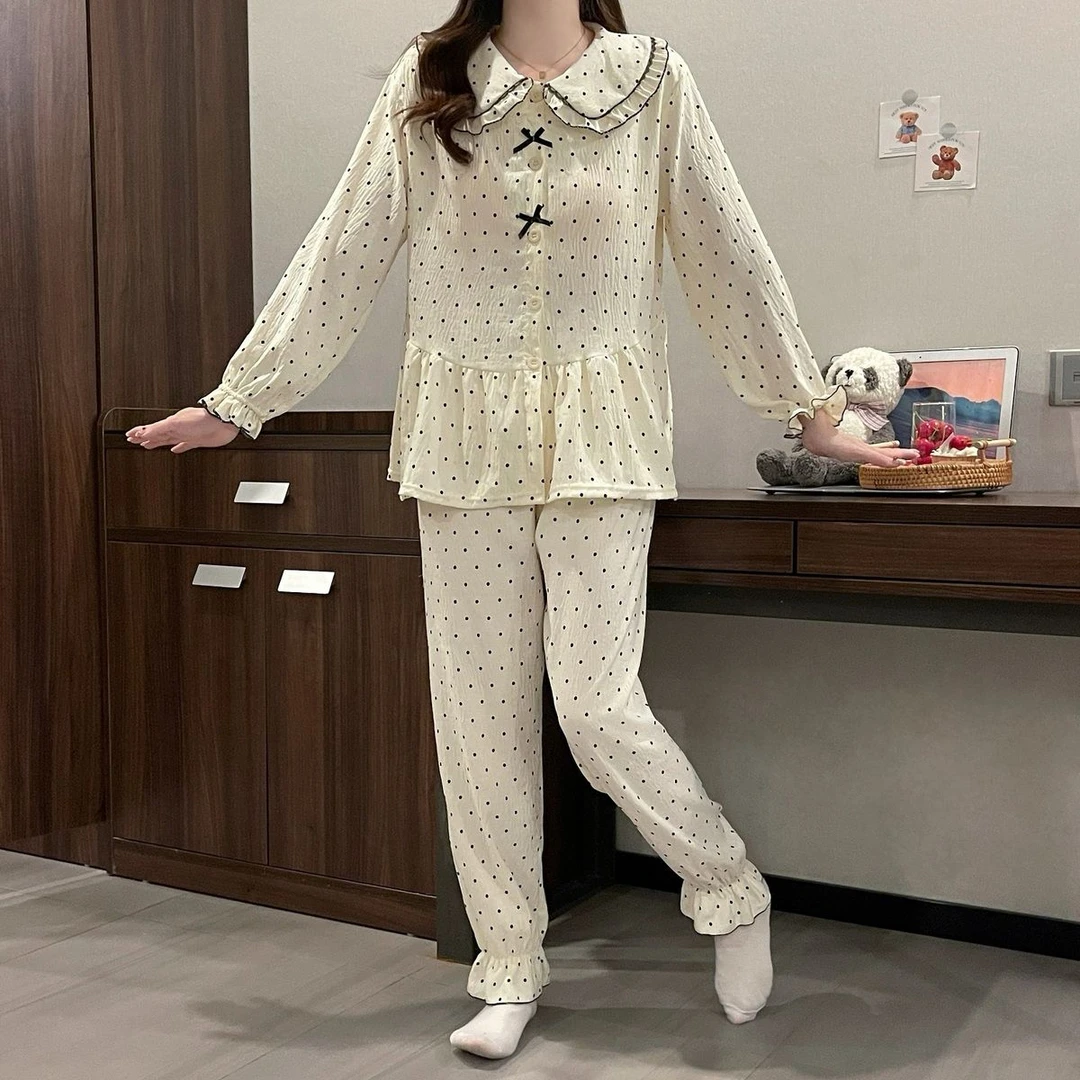 波点家居服（带胸垫）圆点甜美法式小翻领长袖家居服