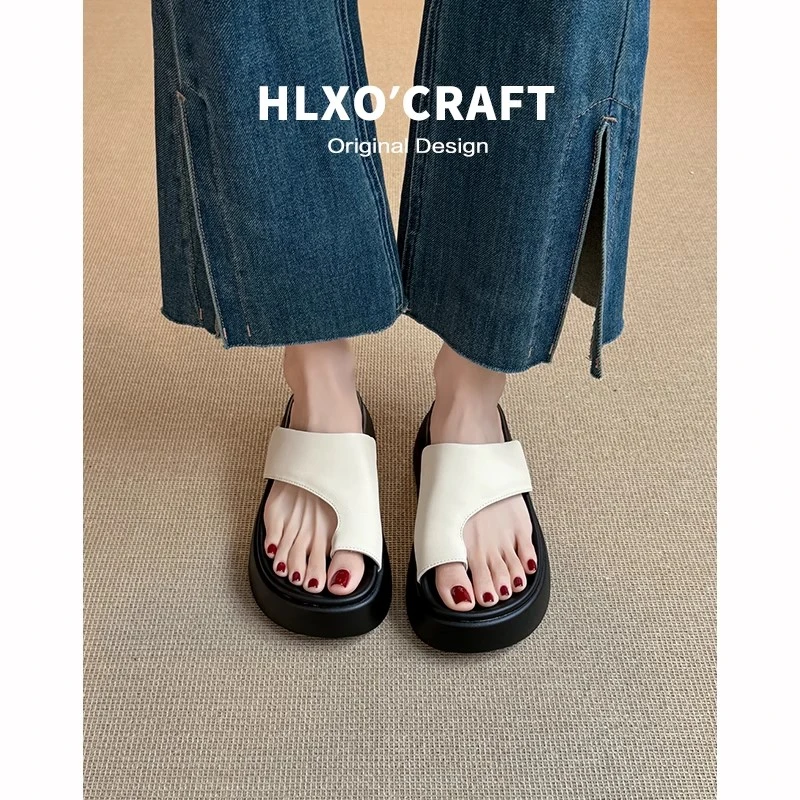 真皮~5cm厚底增高人字拖女外穿2025夏季新款时尚休闲一脚蹬凉拖鞋