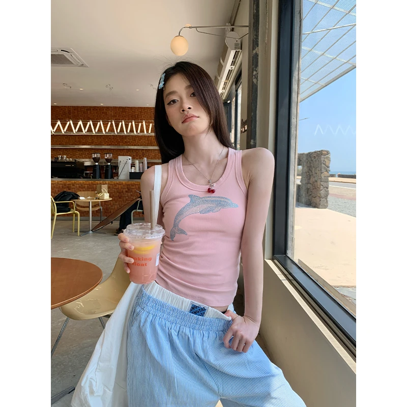 宋正恩粉色工字型背心吊带女修身图案烫钻时尚休闲短款上衣ST1082