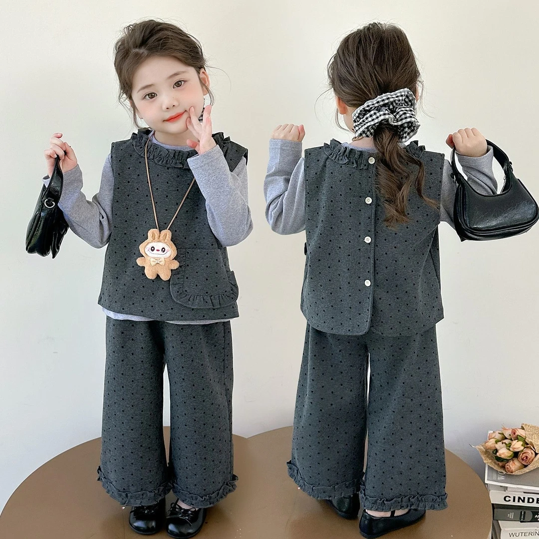 女童马甲三件套韩版套装儿童花边波点阔腿裤洋气2025年秋季新款