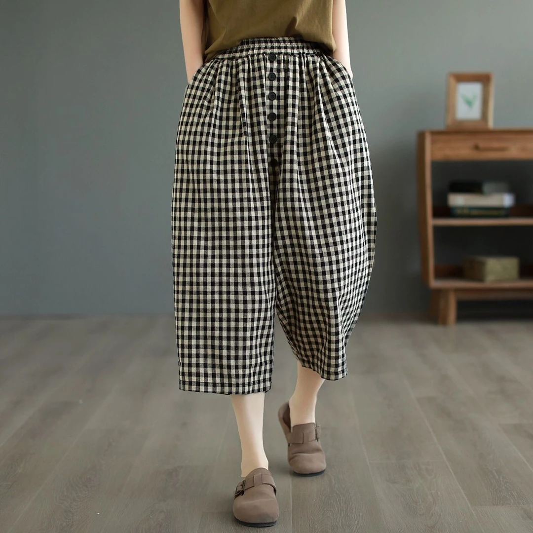 2025夏季复古文艺风大码格子哈伦裤女舒适百搭休闲宽松显瘦七分裤