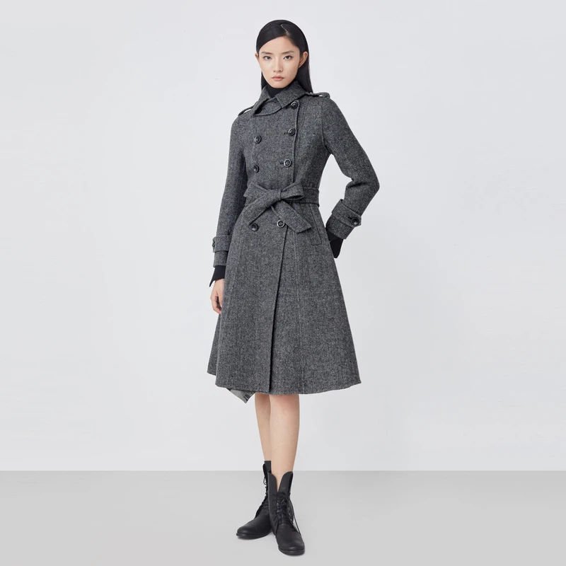 S·DEER圣迪奥女装翻领条纹双排扣格纹收腰毛呢长款大衣S21481838