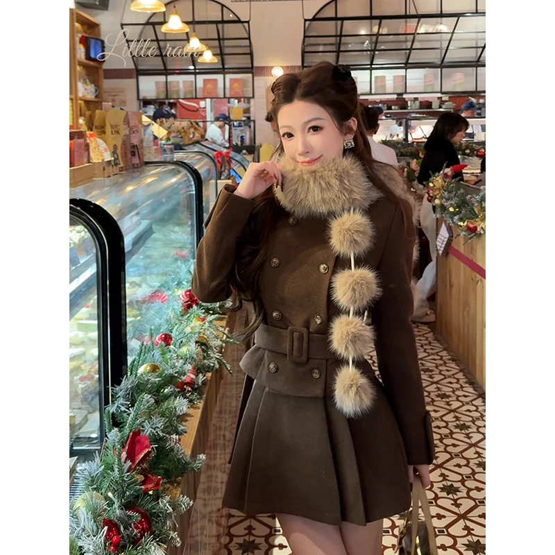 小雨姐姐【海归掌门】收腰立领毛尼上衣外套+压褶A半身裙女两件套女