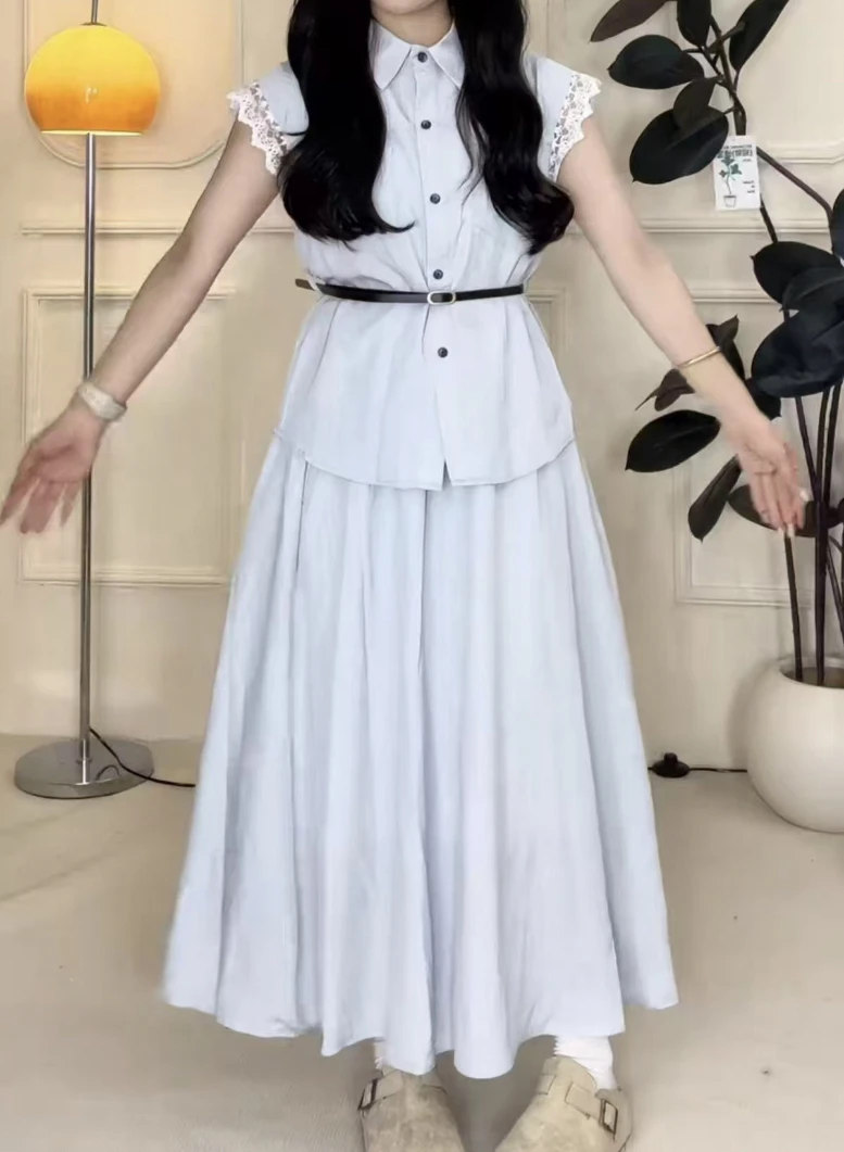 大码胖mm夏季显瘦韩版蕾丝袖上衣高腰半身裙两件套