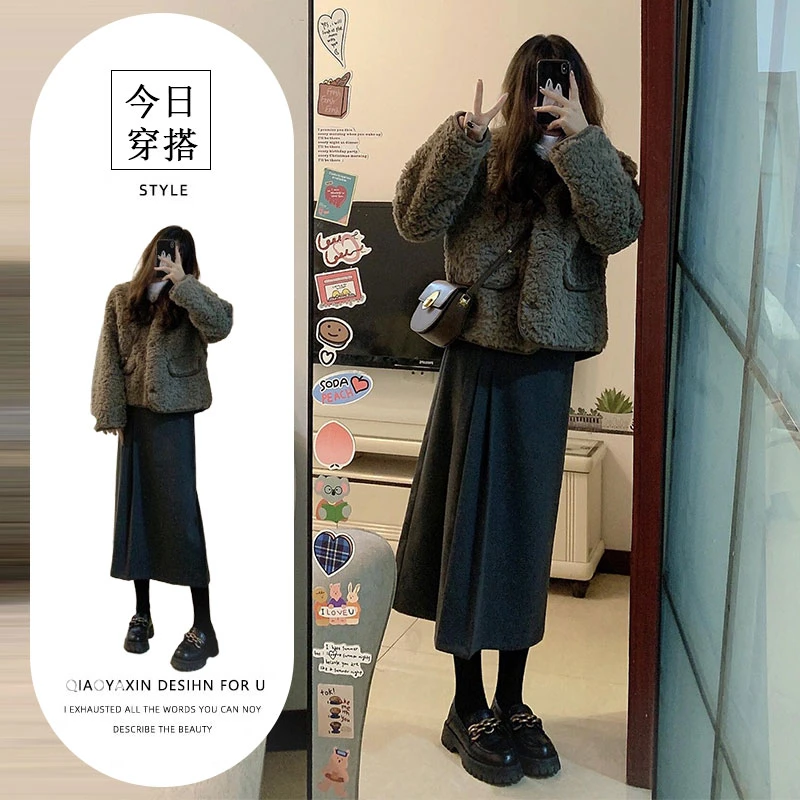 韩系慵懒风穿搭套装女秋冬季新款小香风外套高腰a字半身裙两件套
