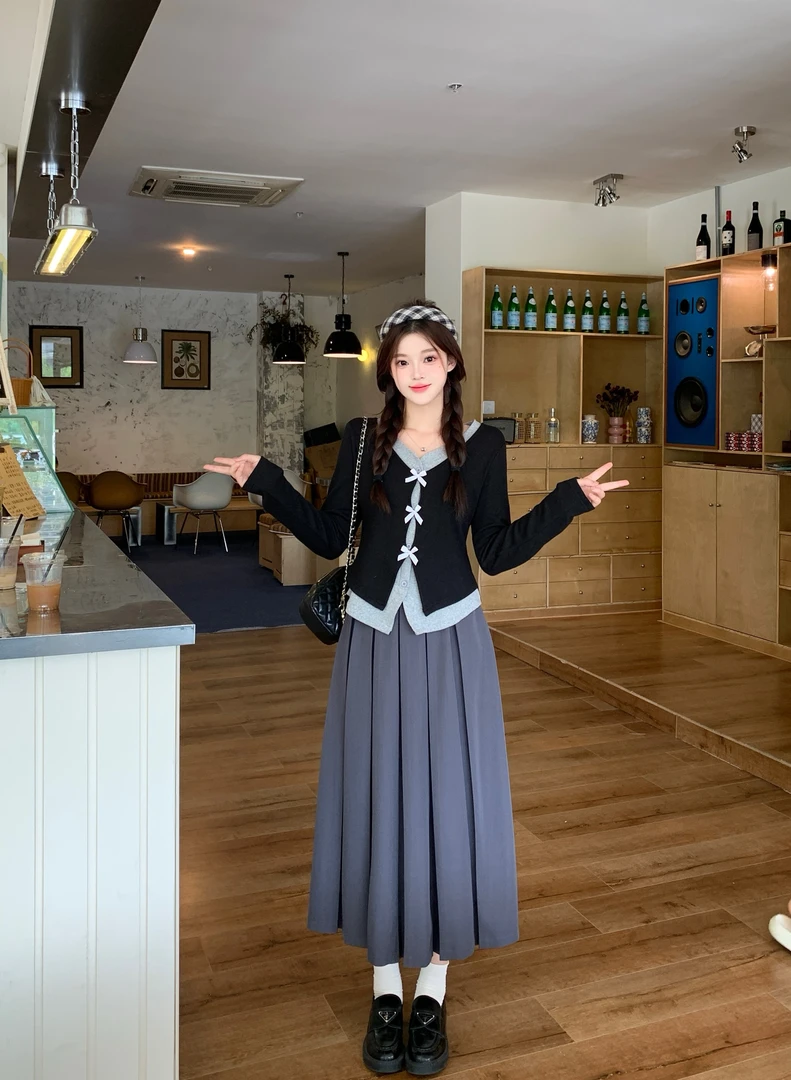 2025秋季大码假两件上衣高腰百褶半身裙韩系两件套装80429+80330