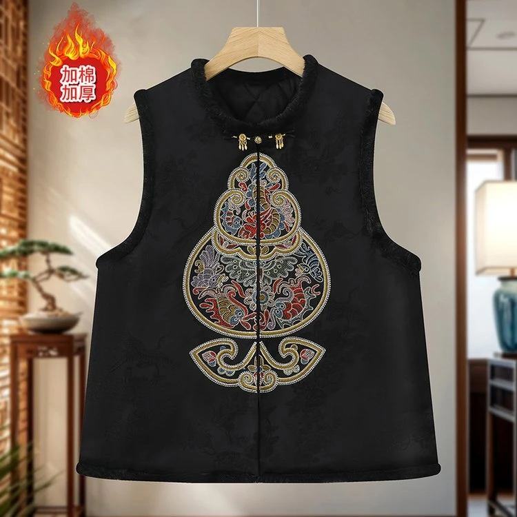 新中式国风女装冬季圆领加棉加厚保暖刺绣马甲秋冬时尚百搭妈妈装