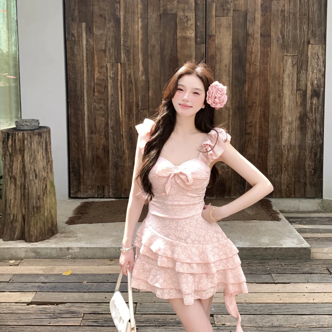 【花仙子】甜美少女纯欲连体泳衣小飞袖显瘦遮肚温泉度假海边泳衣