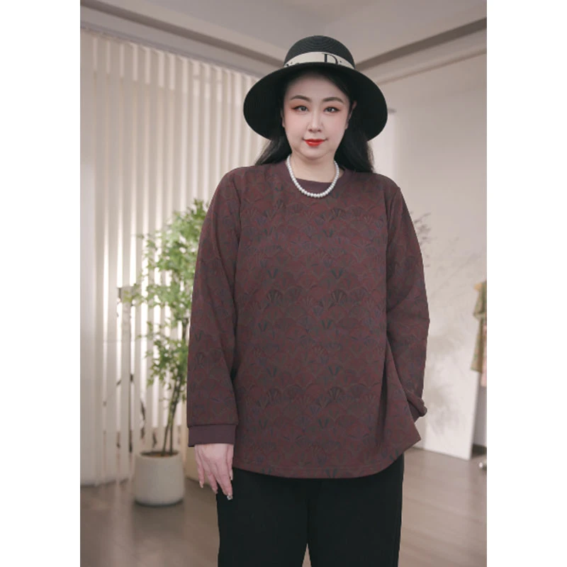 大码女装圆领复古秋季宽松型长袖秋冬网红时尚常规T恤