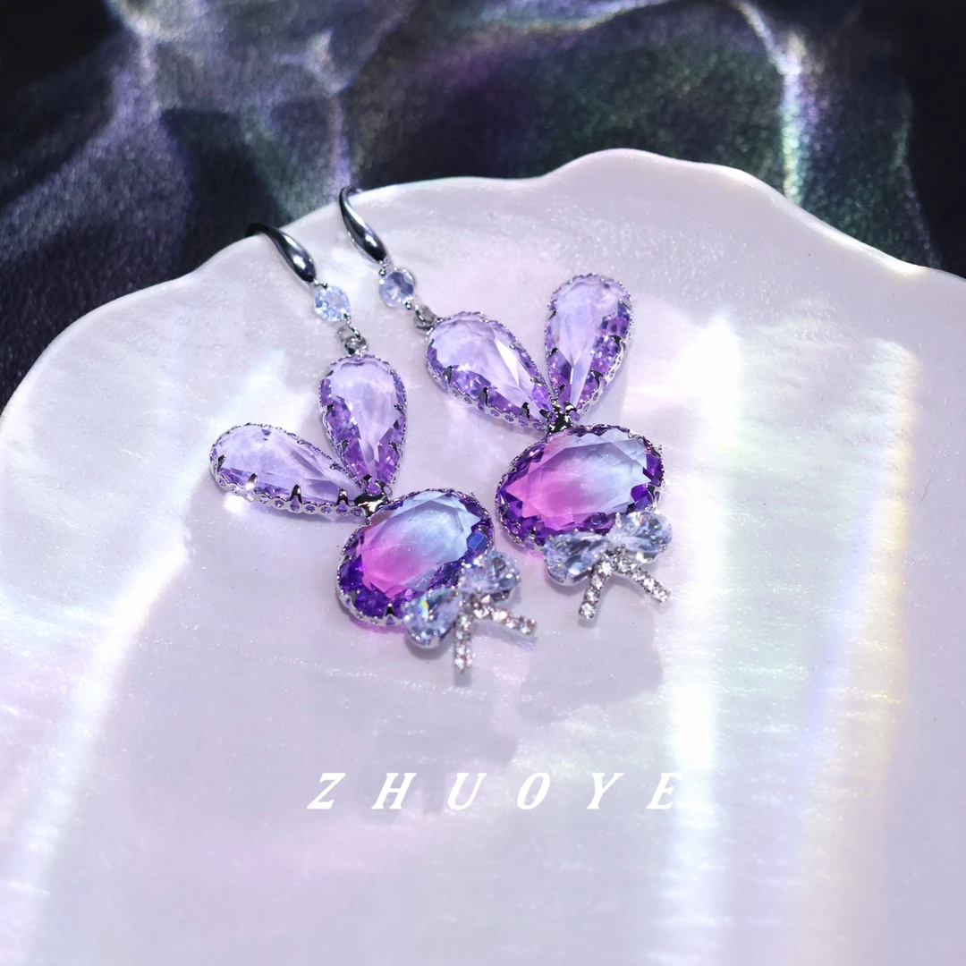 黄铜耳饰 灼晔•月野兔 紫色锆石清透感小兔子耳环 高级