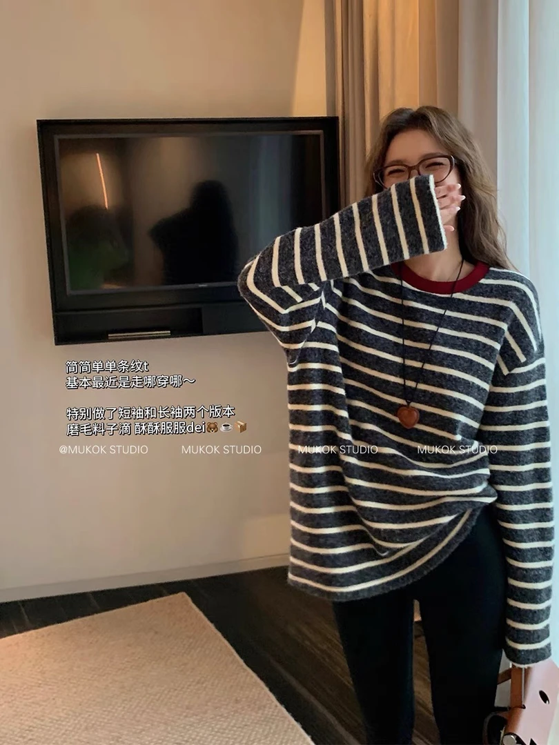 现货速发孕妇装冬季韩版时尚显瘦圆领T恤条纹长袖孕妇打底衫外穿